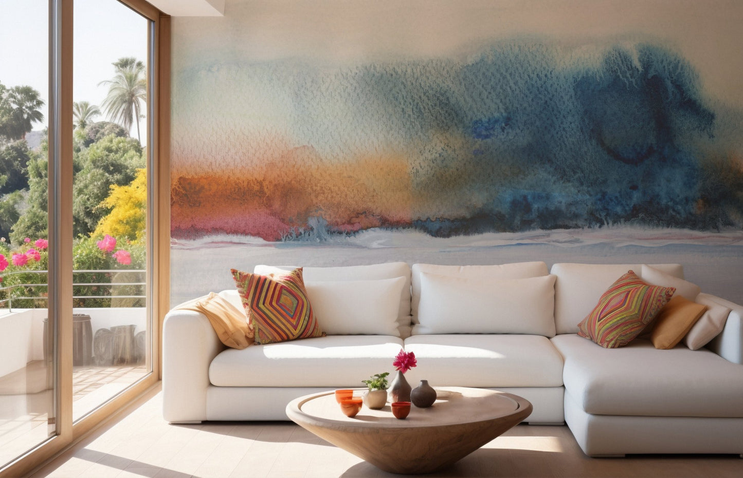 Modern living area featuring a large watercolor flow wall mural and wooden floor.