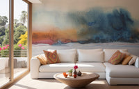 Modern living area featuring a large watercolor flow wall mural and wooden floor.
