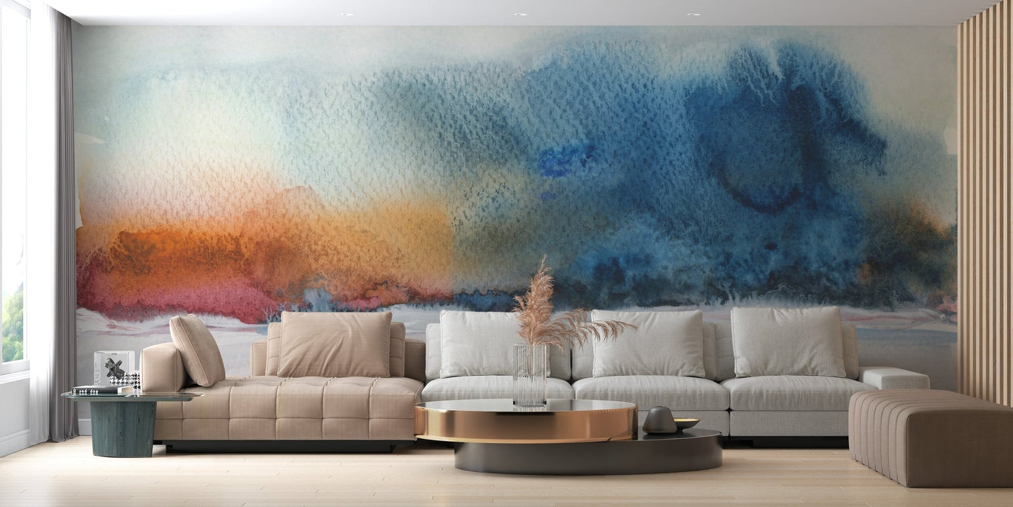 Contemporary living showing watercolor wall mural and neutral decor.
