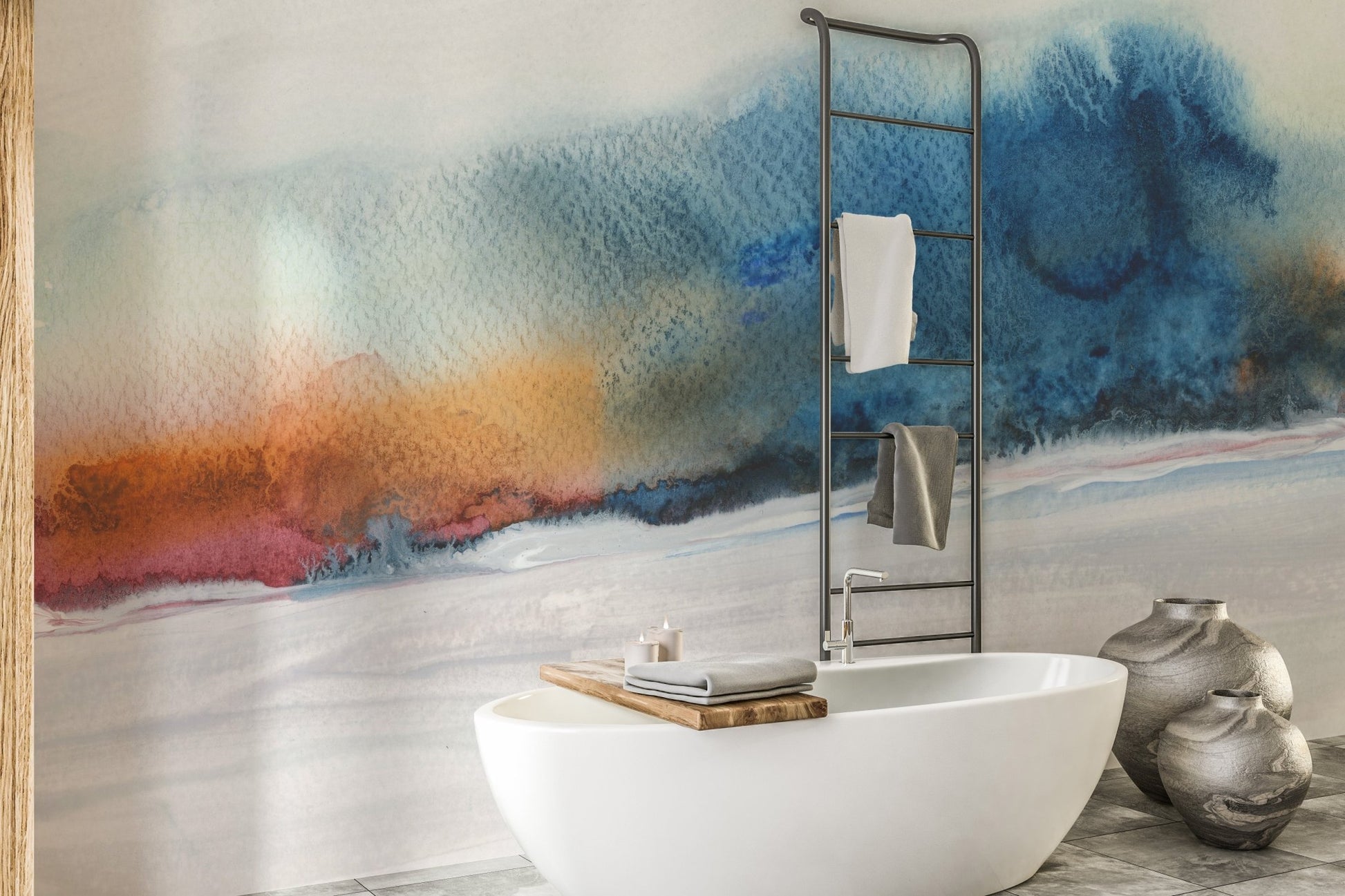 Modern bathroom with blue abstract wall mural and sleek vanity.
