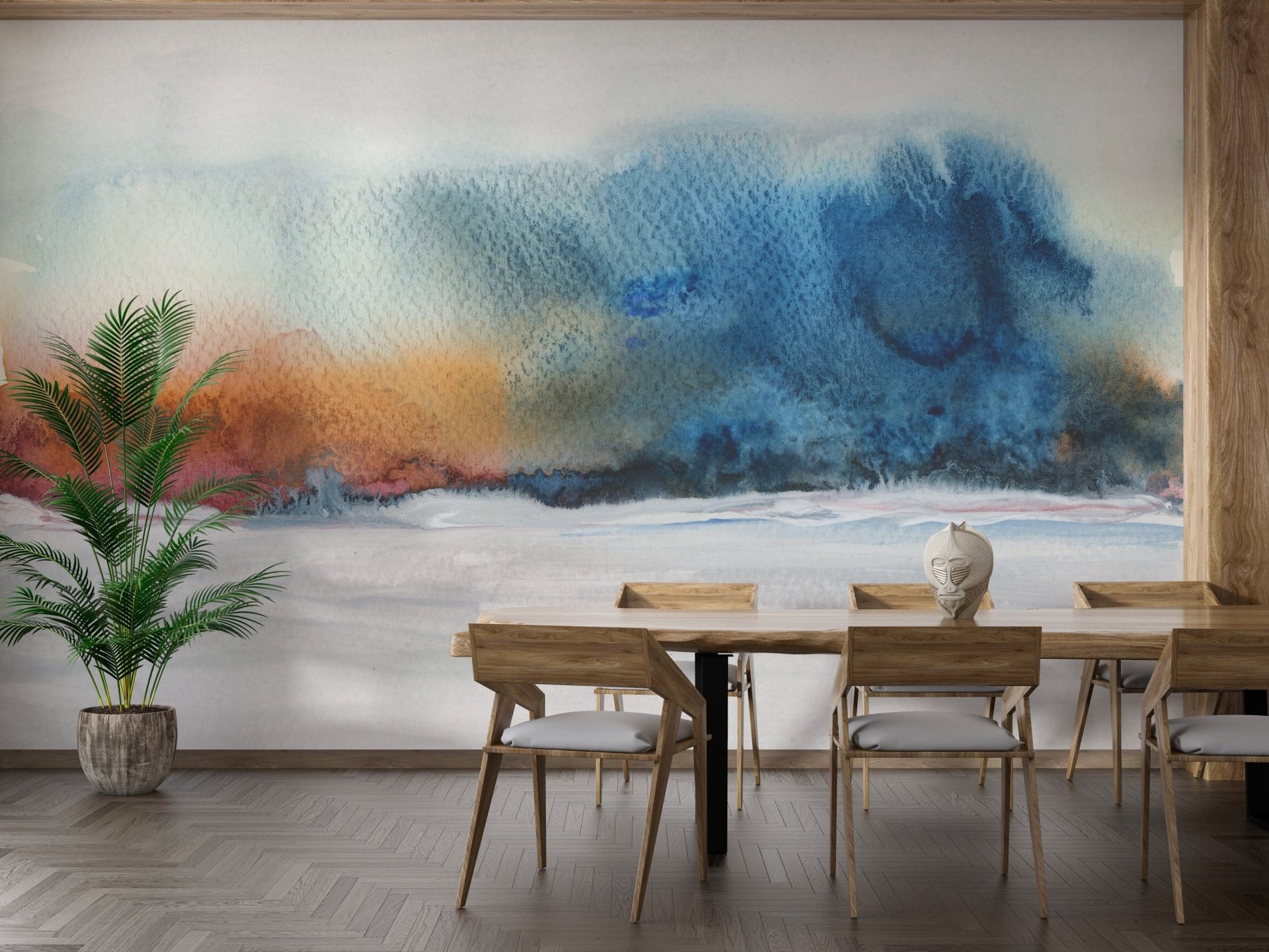 Large dining room with abstract watercolor wall mural and wooden furniture.