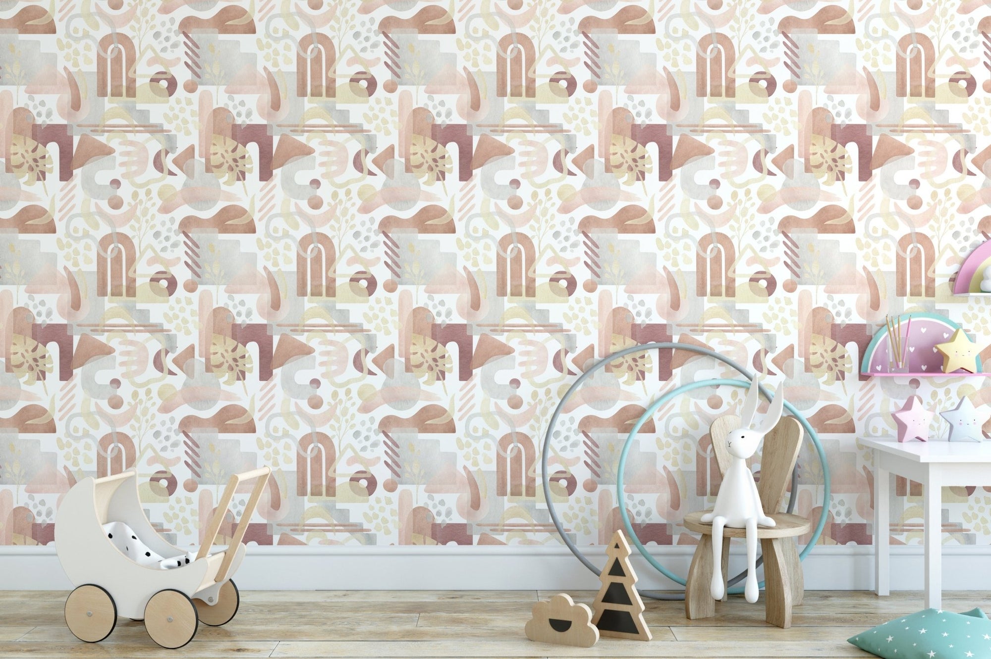 Stylish kids room with terracotta and beige color watercolor wallpaper