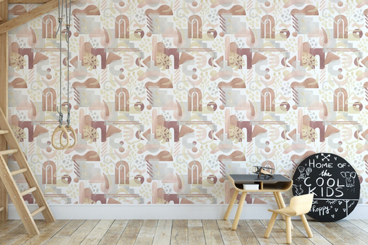 Playroom wall mural featuring earthy arches and terracotta colors
