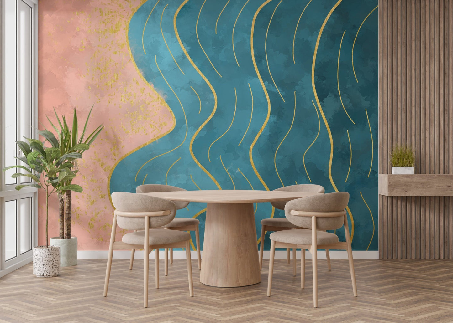 Abstract watercolor wave mural for modern dining room wall decor.
