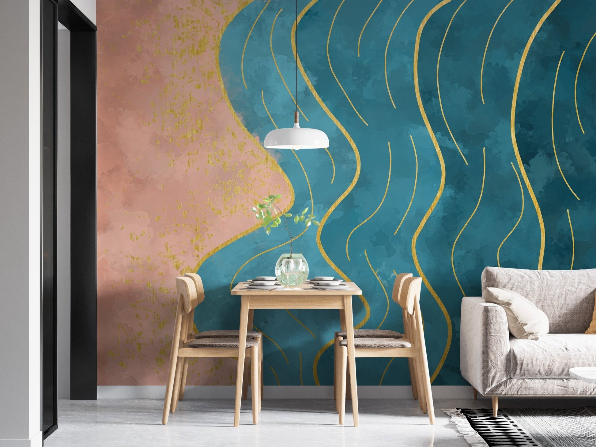 Abstract wave-inspired watercolor mural for dining wall art.
