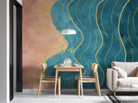 Abstract wave-inspired watercolor mural for dining wall art.
