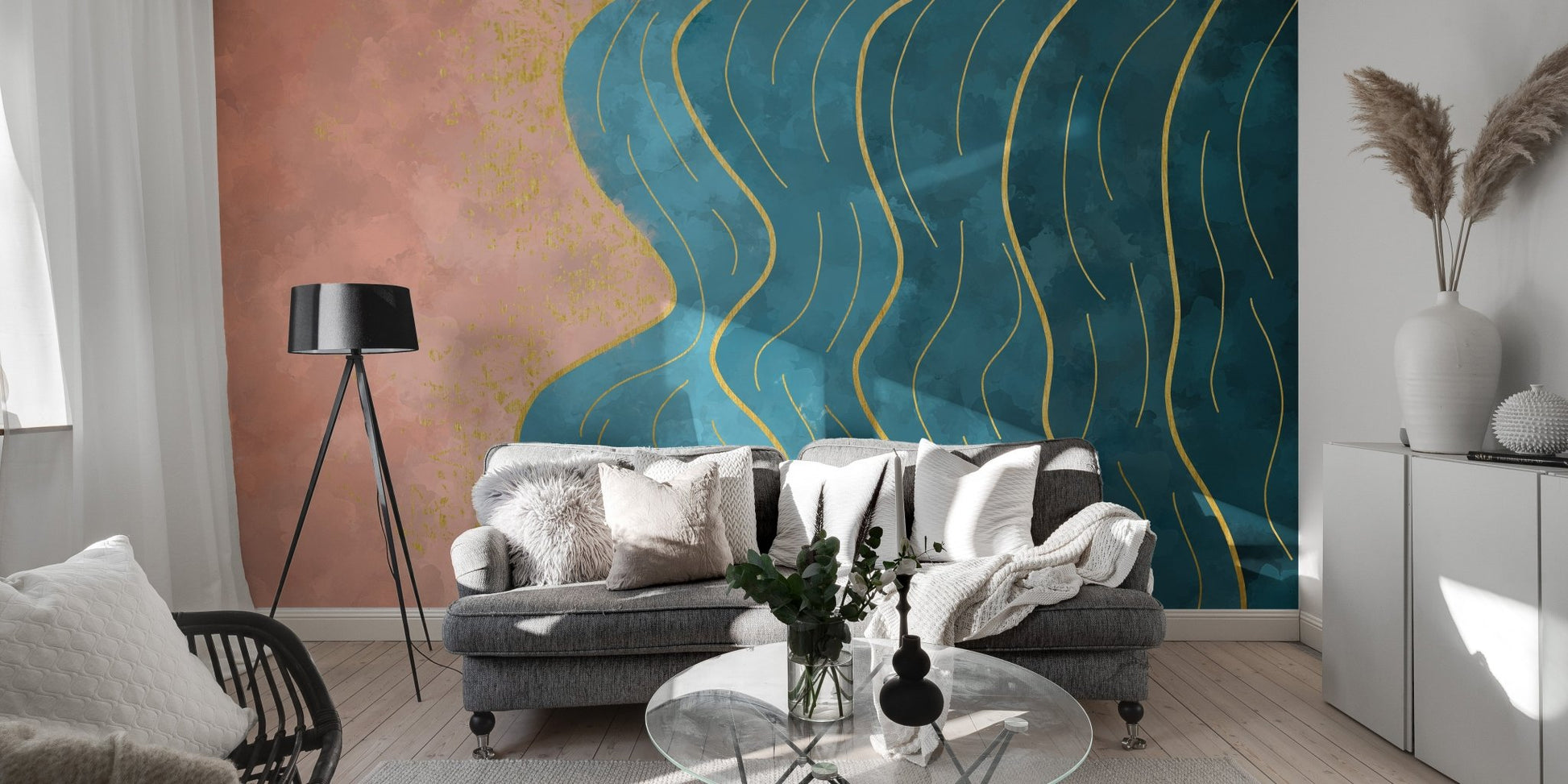 Elegant watercolor wave mural for contemporary sitting spaces.
