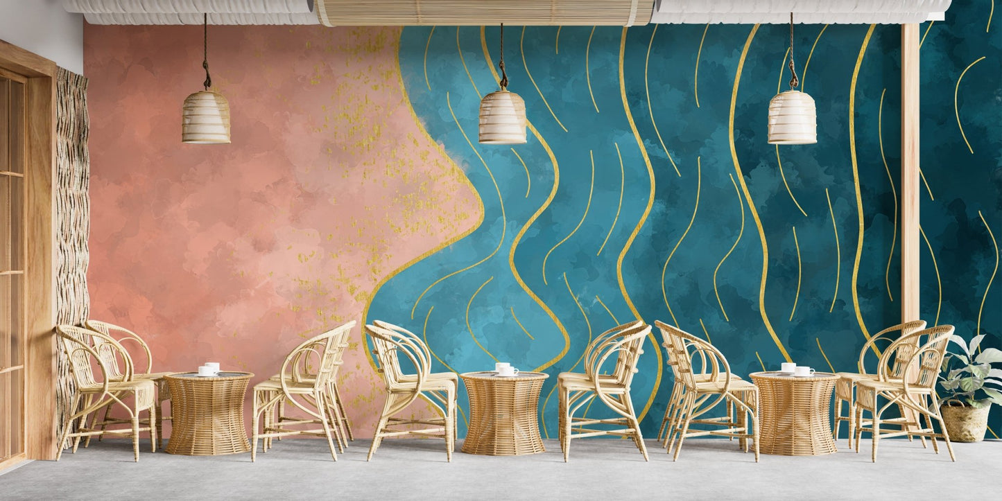 Abstract mural with flowing watercolor wave patterns for dining area.
