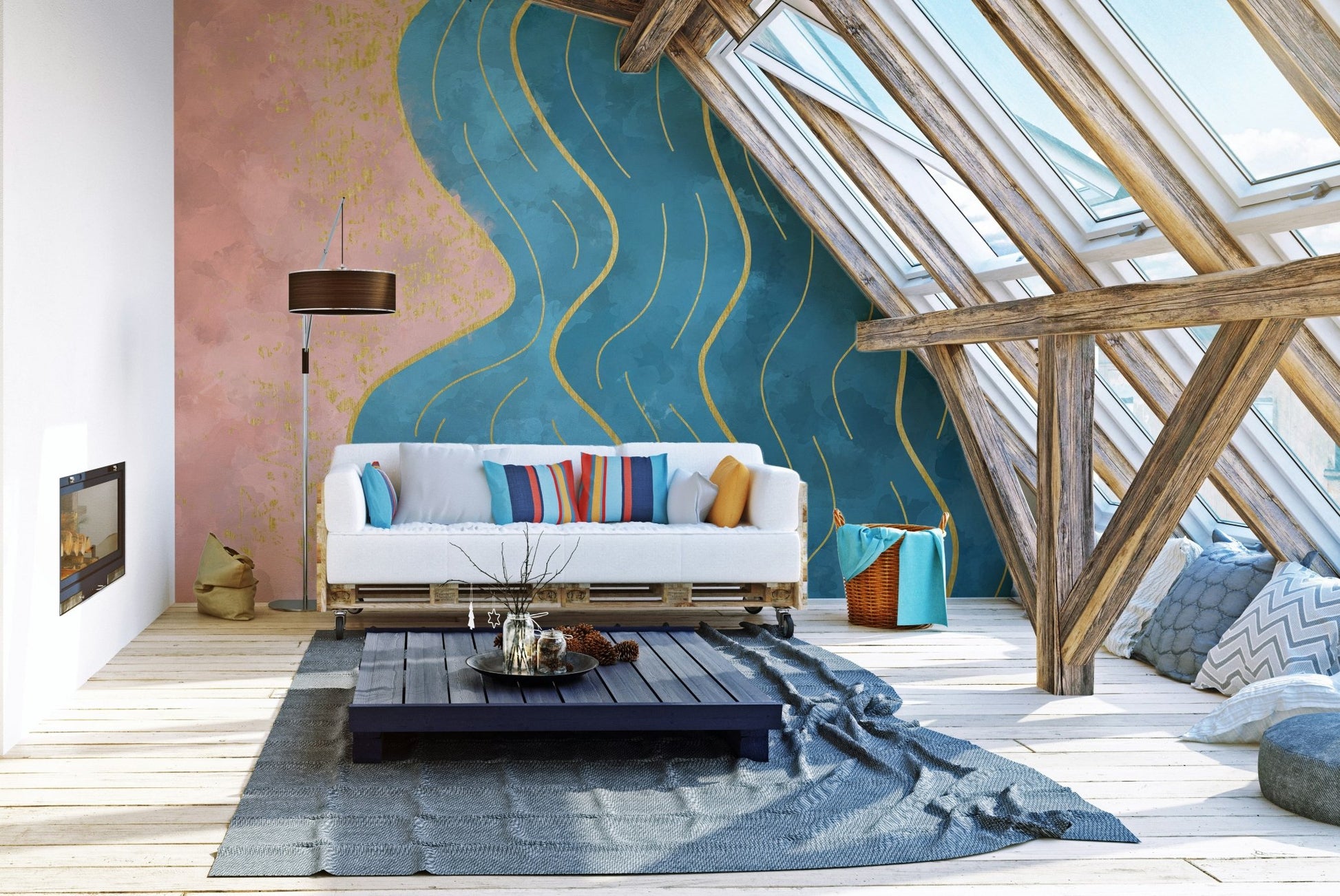 Artistic watercolor wave mural for serene living area interiors.
