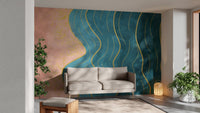 Soft blue and gold watercolor wave wallpaper texture.