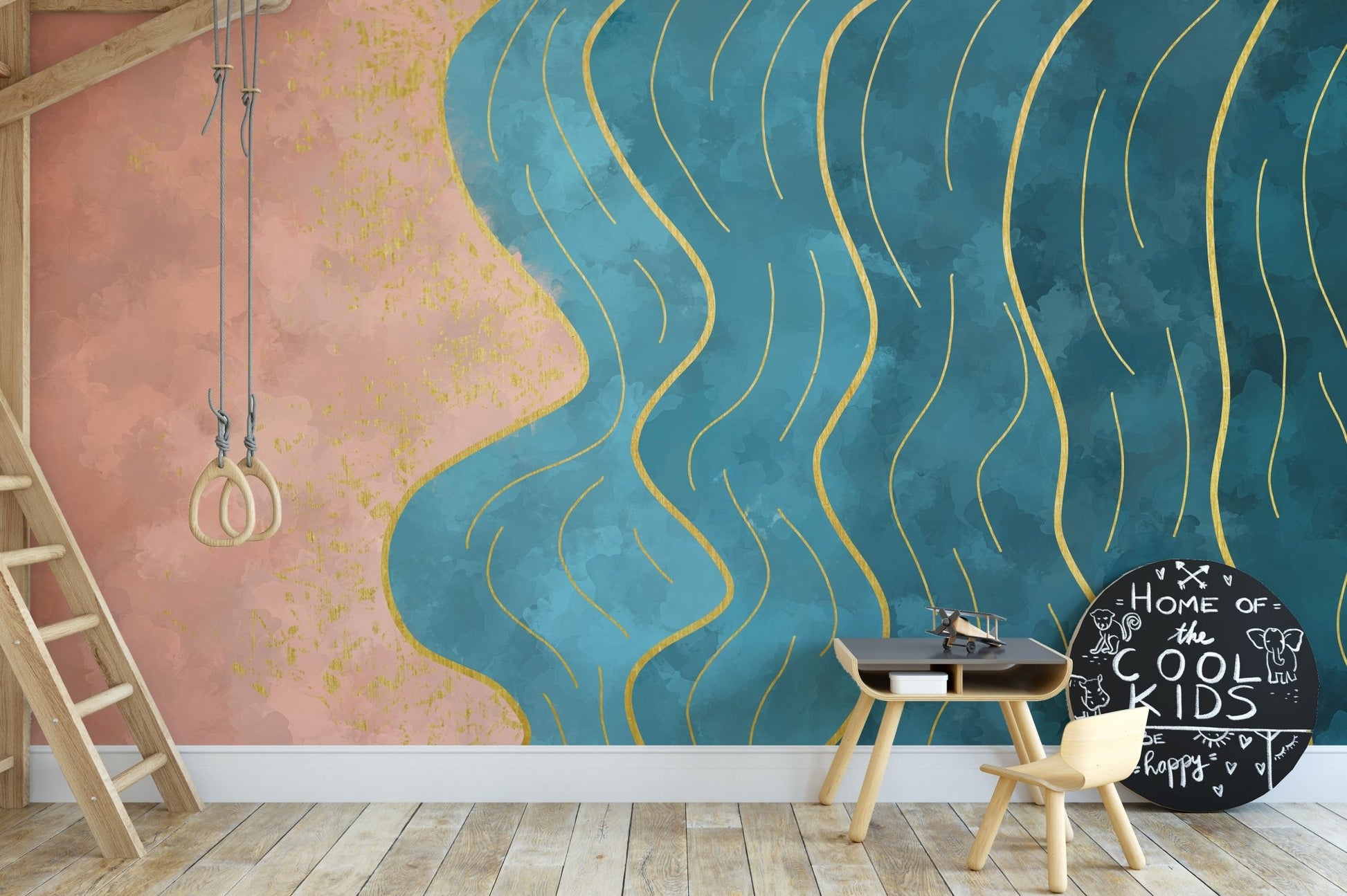 Watercolor wave mural in soothing abstract design on kids room wall.
