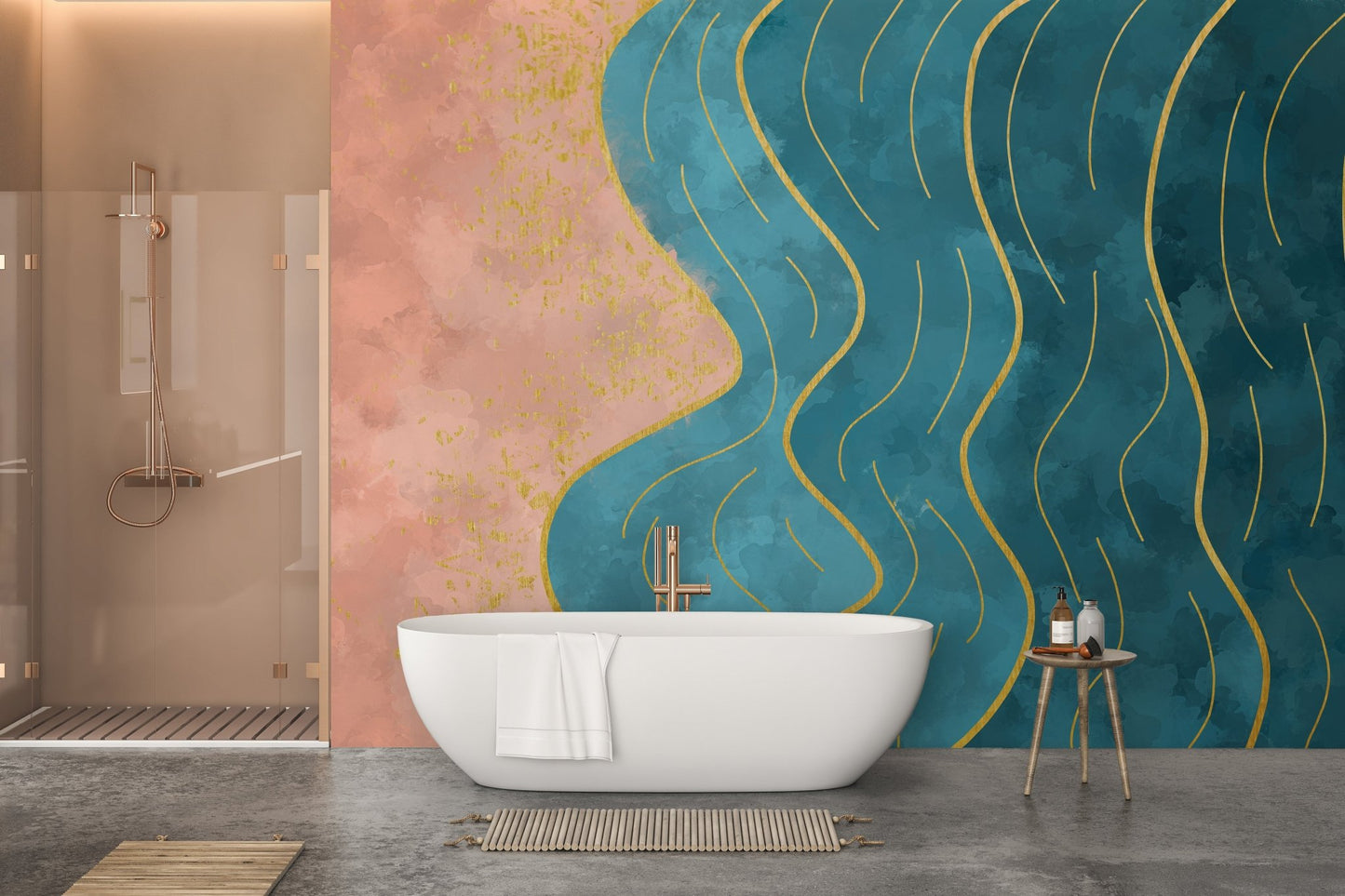 Soft watercolor wave design mural for modern bathroom walls.
