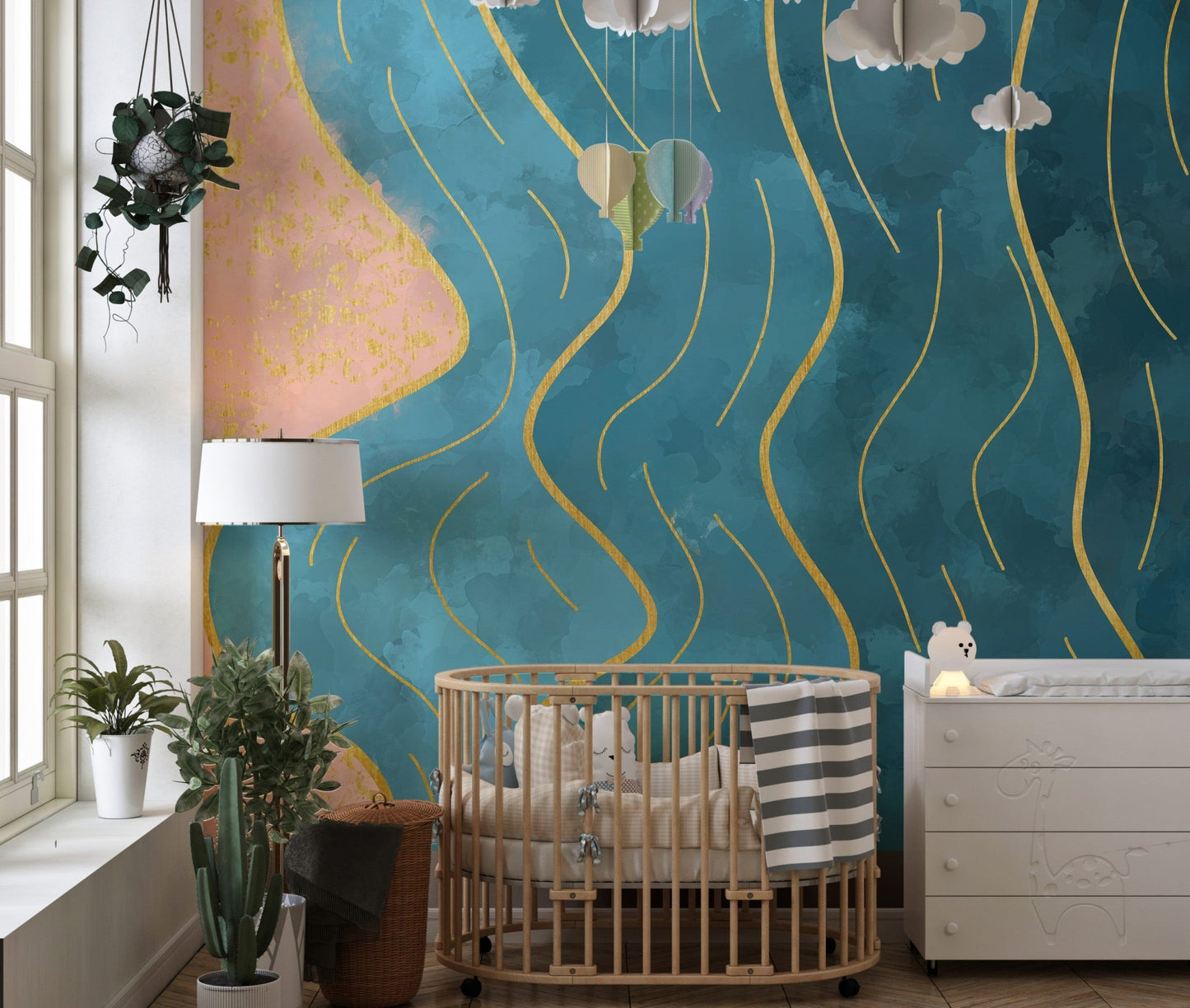 Elegant abstract watercolor wallpaper with gold lines for toddler room.