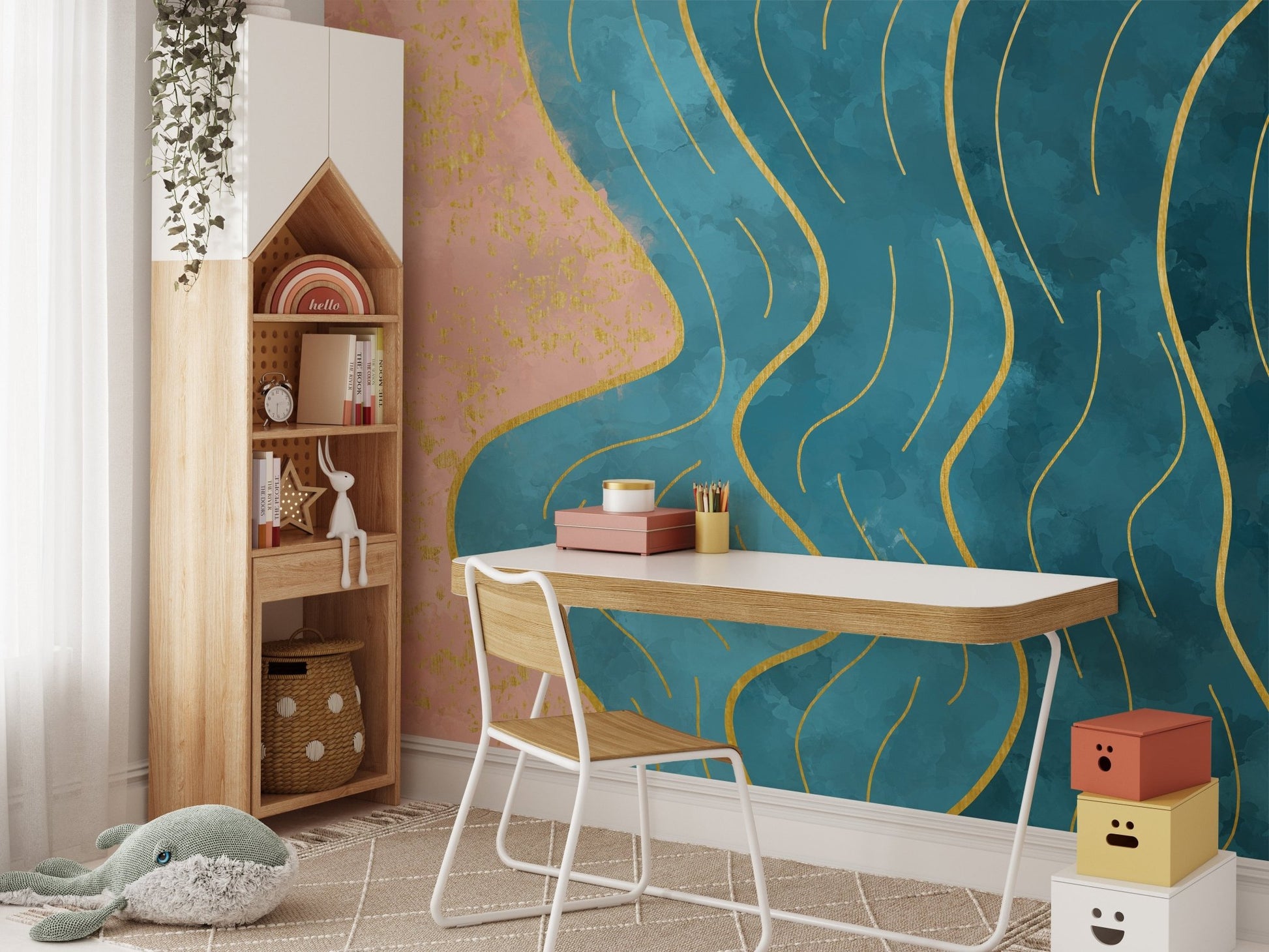Fluid wave wallpaper with artistic watercolor patterns for study area.
