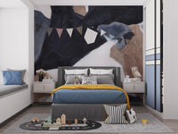 Dreamy watercolor wave mural with soothing abstract tones in kids bedroom.

