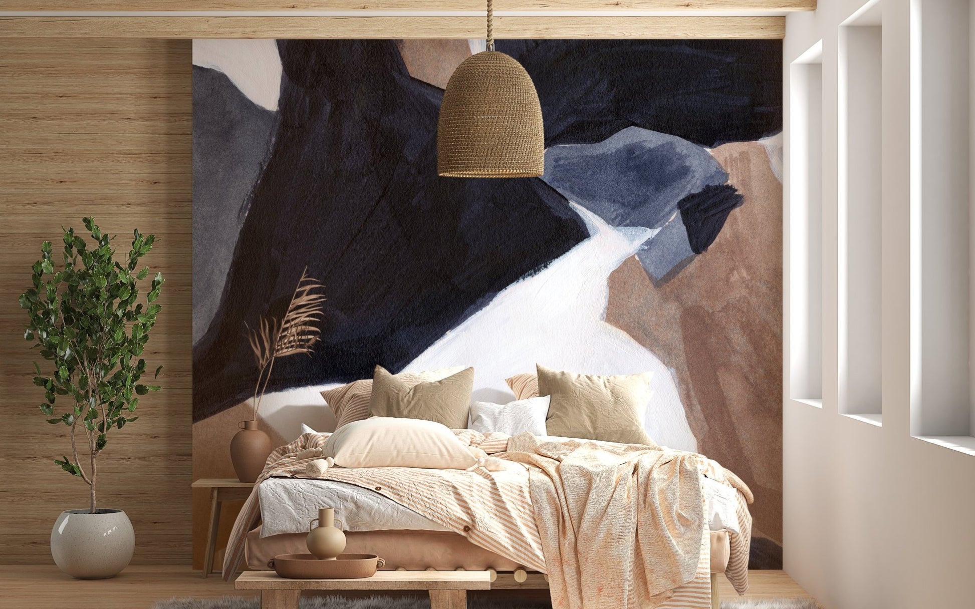 Modern abstract mural featuring elegant watercolor wave designs in bedroom.
