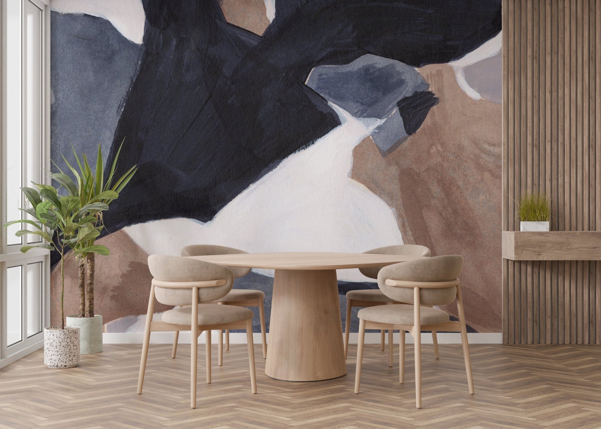 Soft watercolor wave mural for tranquil and stylish dining space.
