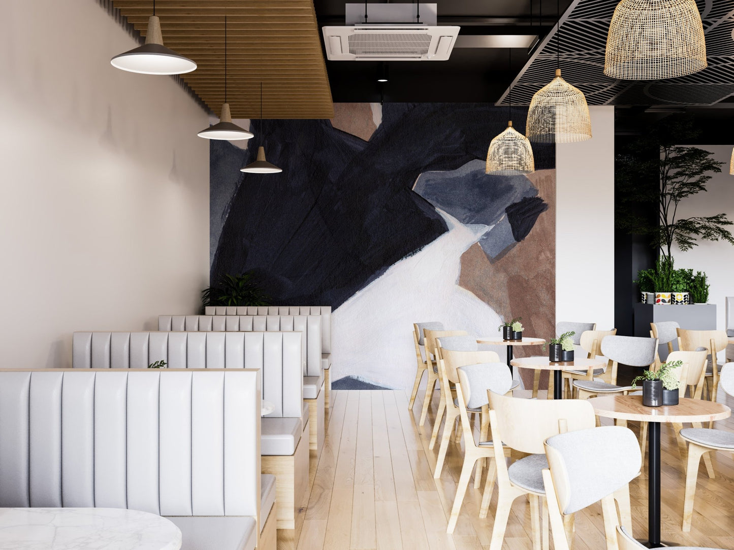 Artistic mural featuring dynamic waves of watercolor design in dining area.
