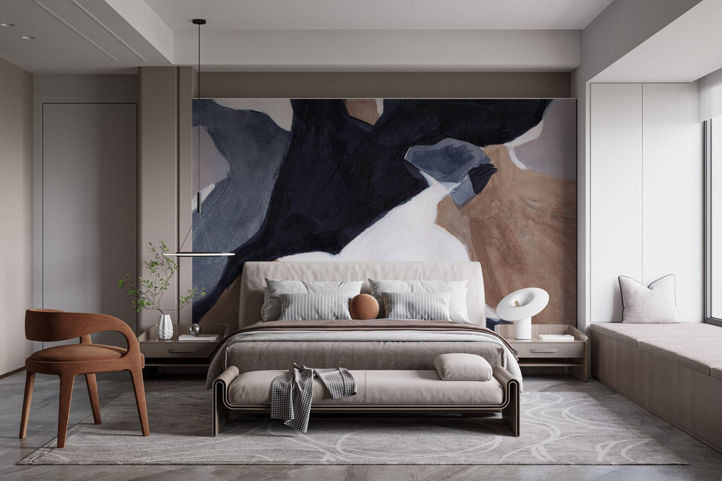 Elegant abstract waves mural with fluid watercolor patterns in bedroom.
