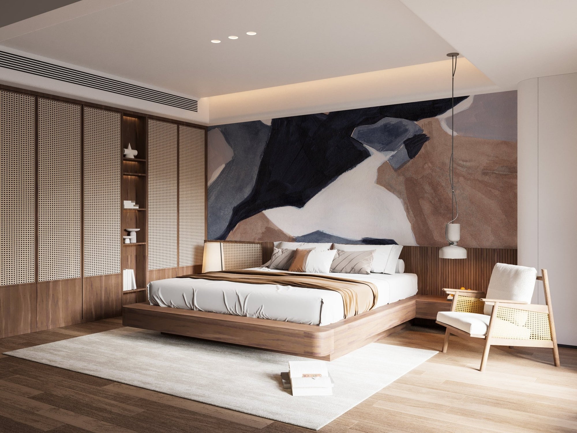Flowing abstract watercolor waves mural for serene bedroom interiors.
