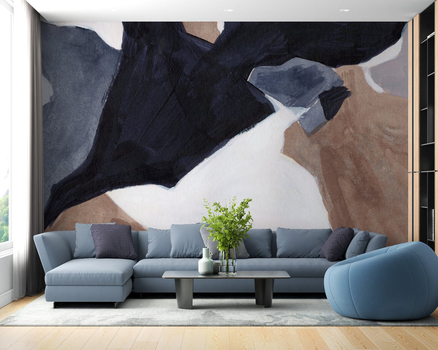 Dynamic waves of watercolor mural for sophisticated living room interiors.



