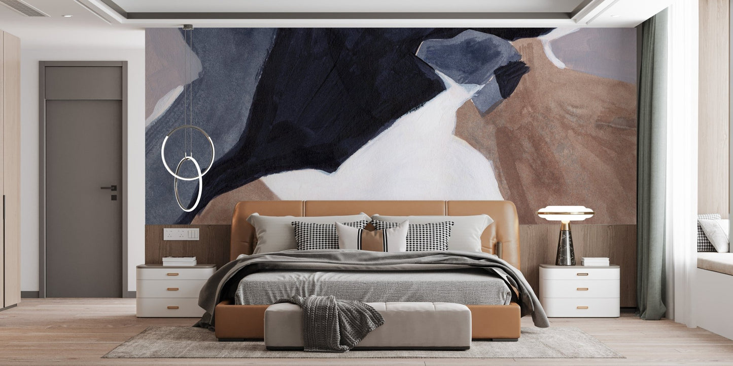 Abstract waves mural adding movement to minimalist bedroom spaces.
