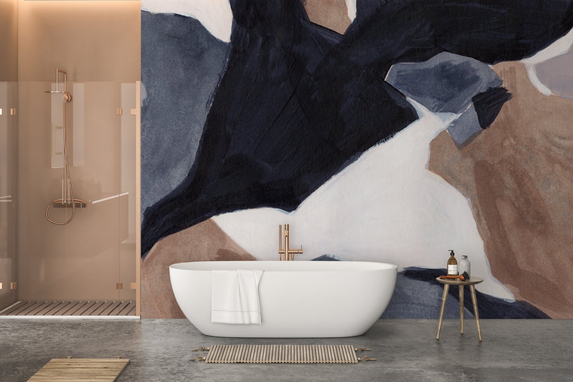 Abstract watercolor waves mural creating a calming ambiance in bathroom.
