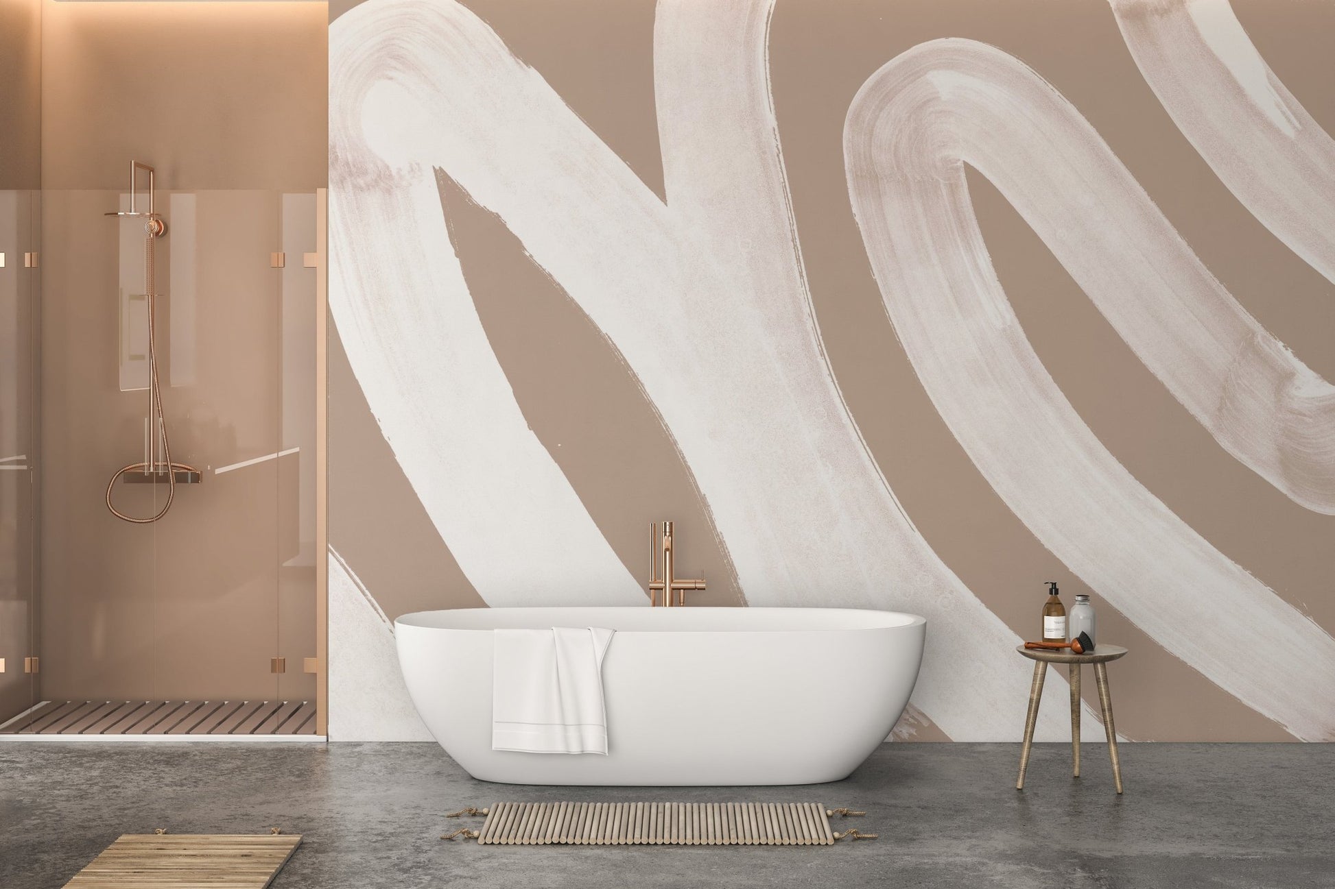 White waves wall mural creating a tranquil and modern ambiance in bathroom.
