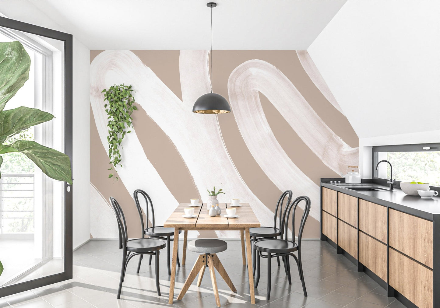 Minimalist white wave mural with an abstract artistic flair in dining area.

