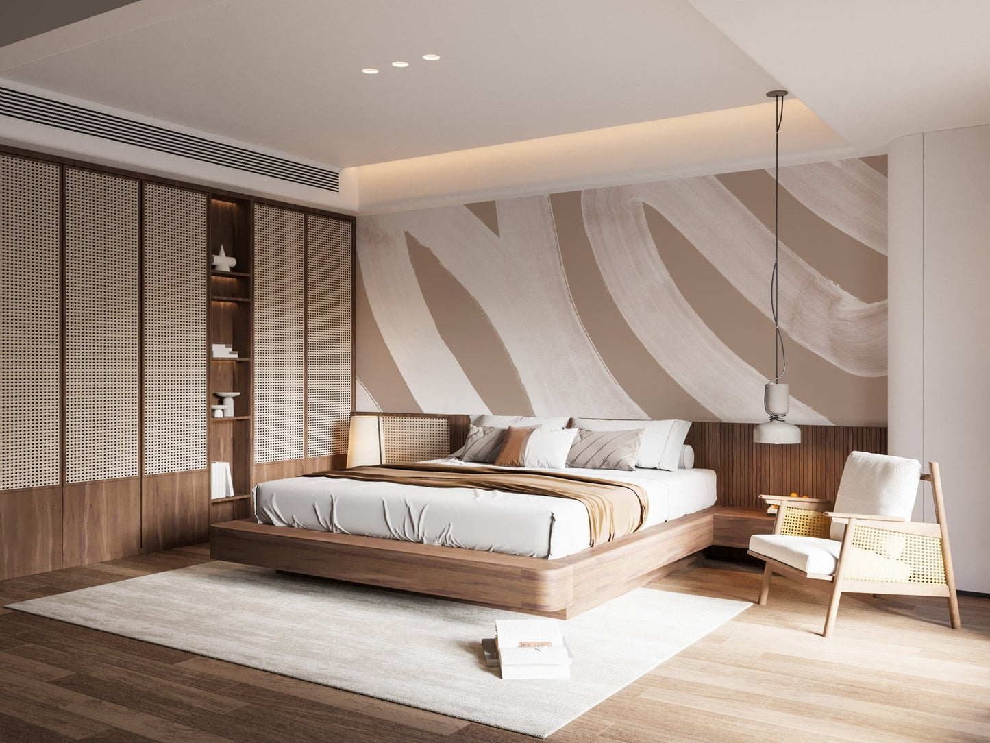 Elegant abstract white waves mural for serene bedroom wall decor.
