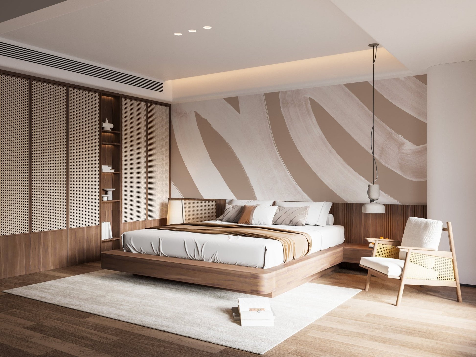 Elegant abstract white waves mural for serene bedroom wall decor.
