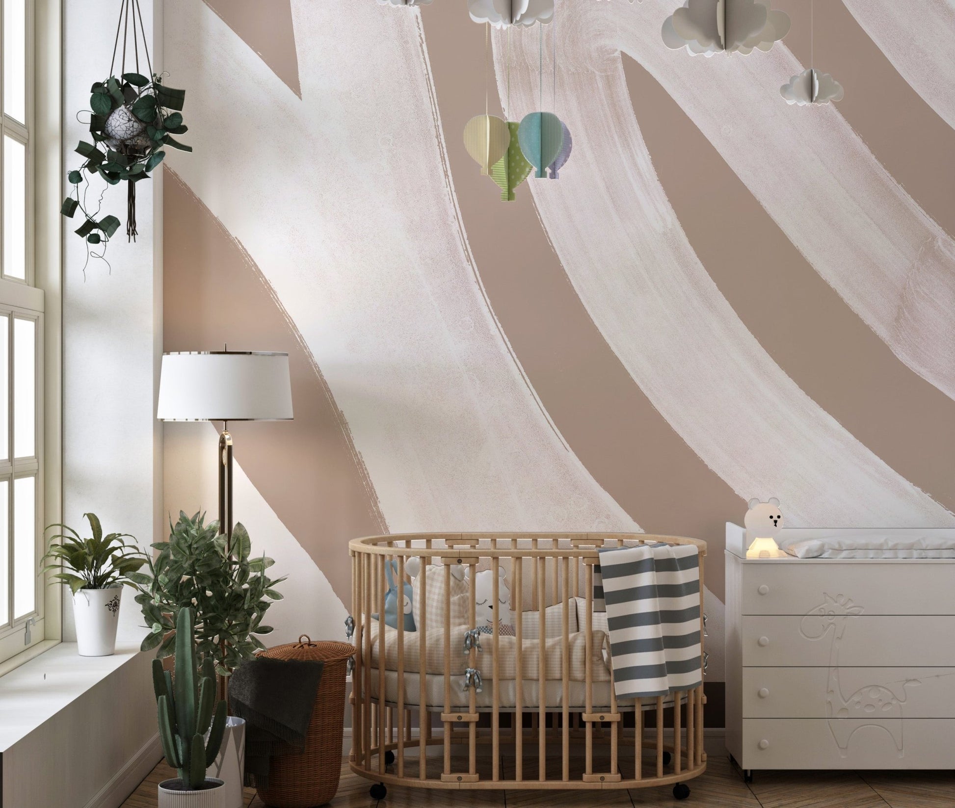 White waves wall mural with a flowing abstract design in nursery.

