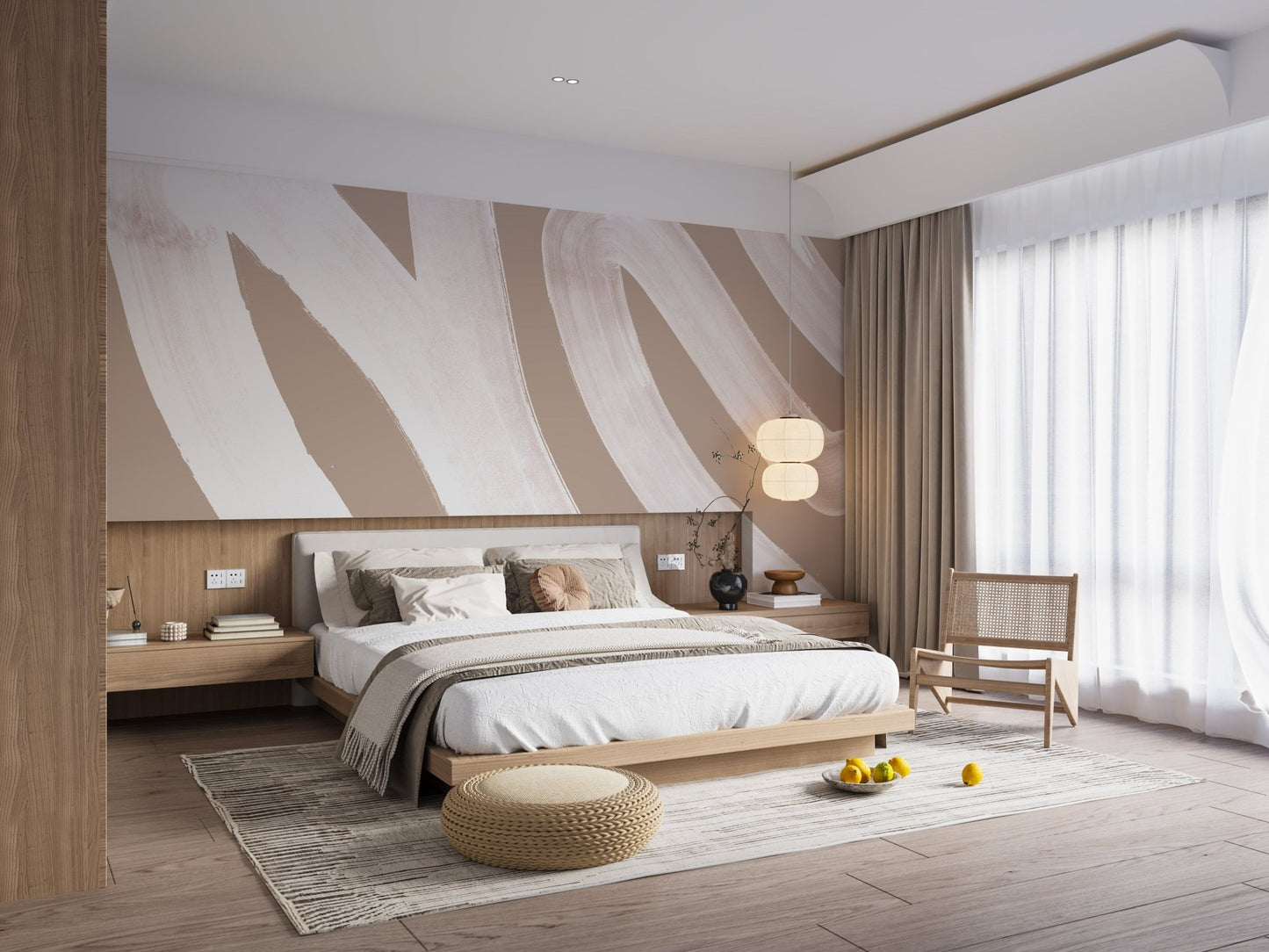 Abstract white waves wall mural for sleek and modern bedroom interiors.