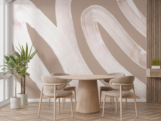 Subtle abstract white waves mural for minimalist dining room interiors.
