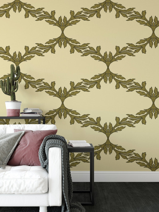 Ornate acanthus leaf trellis wallpaper in olive and cream.