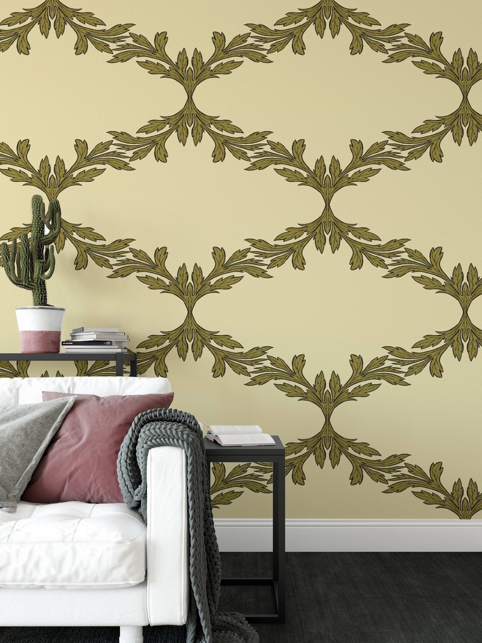 Ornate acanthus leaf trellis wallpaper in olive and cream.