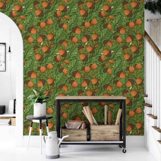 Detailed forest greenery acorns wallpaper mural with amber accents.