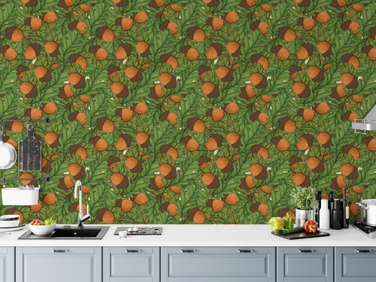 Detailed oak leaf and nut pattern acorns wall mural in forest green.