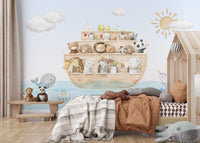 Decorative mural featuring animals on a cheerful ark journey for kids bedroom.
