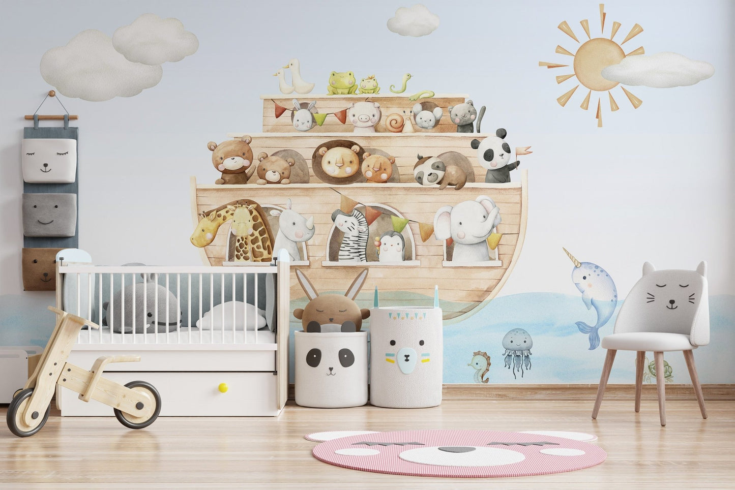 Adorable animal wall mural with a playful ark theme for nursery interior.