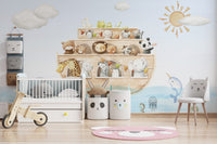 Adorable animal wall mural with a playful ark theme for nursery interior.