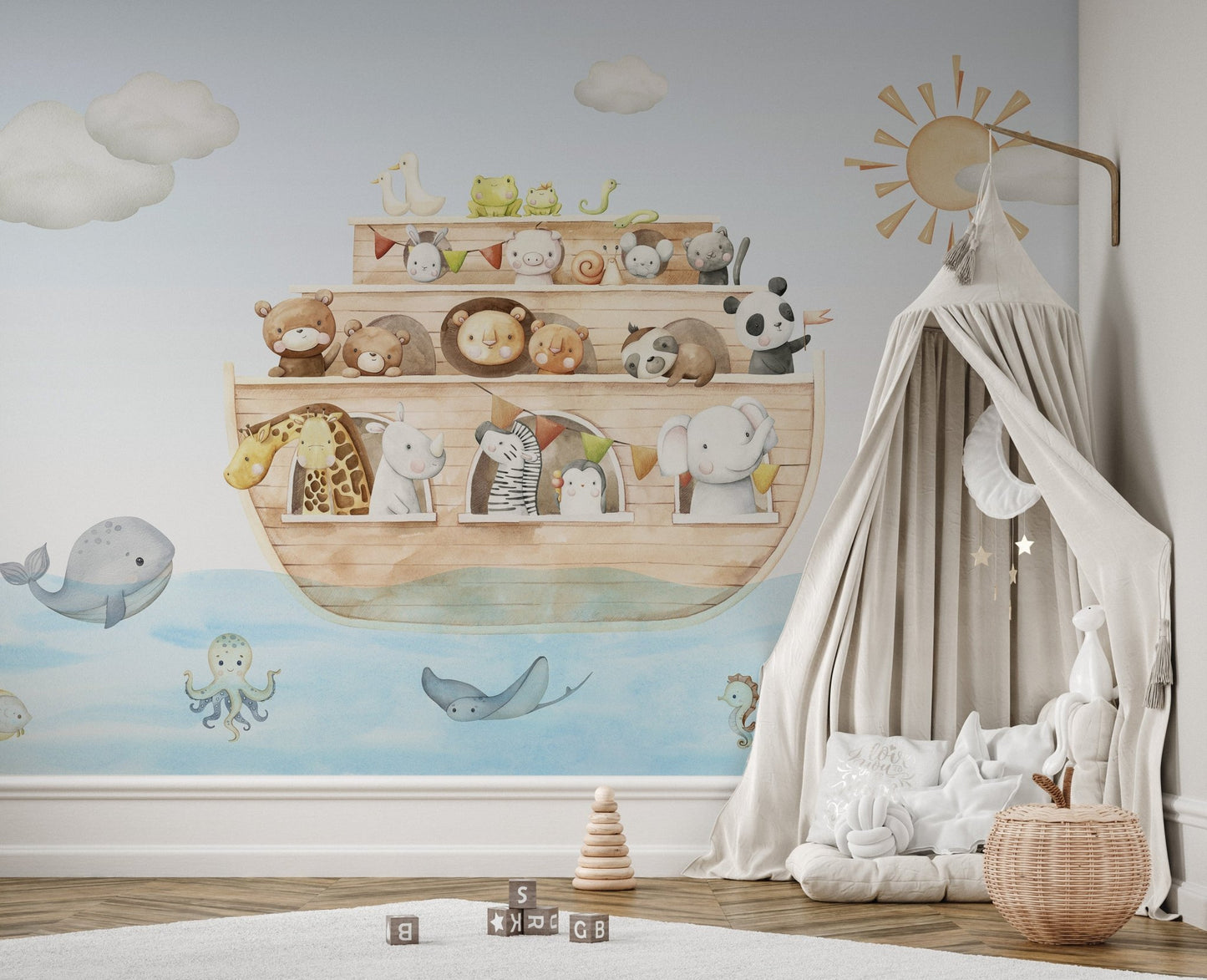 Playful wall mural showcasing adorable animals on an ark.