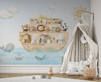 Playful wall mural showcasing adorable animals on an ark.