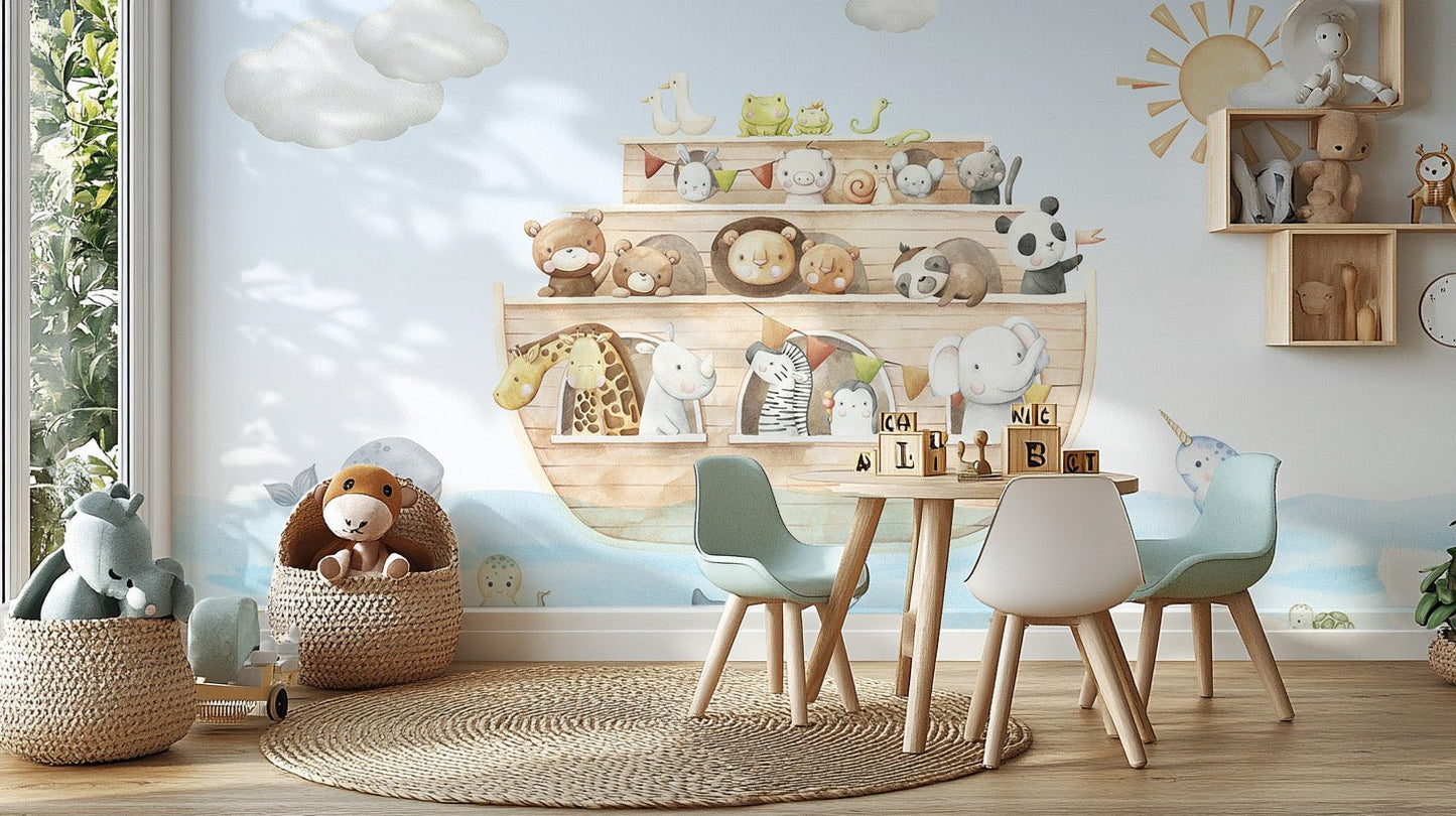 Colorful mural showcasing a lively ark filled with animals.
