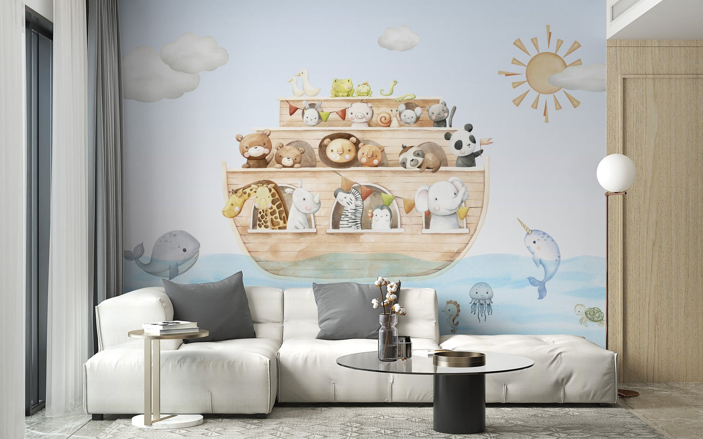 Charming wall mural featuring animals aboard an ark for living room.
