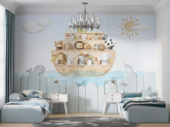 Vibrant ark animal design mural for kids bedroom wall decor.
