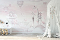 Minimalist nursery with grey and pink animal themed wall mural