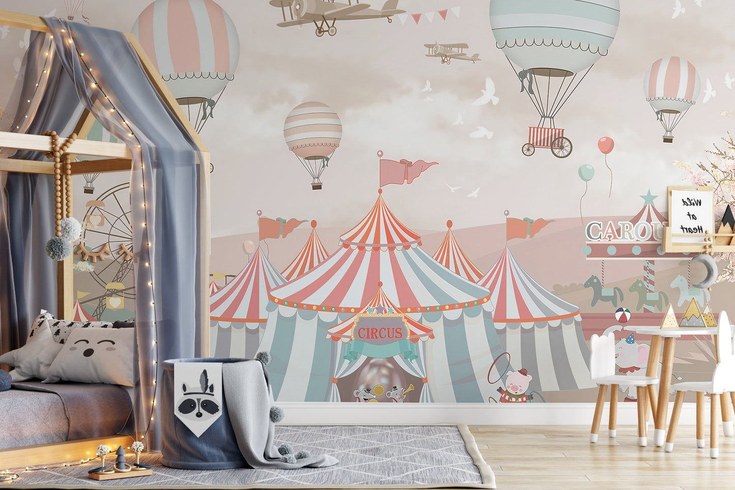 Fun-filled pink circus mural with performers in kids bedroom.