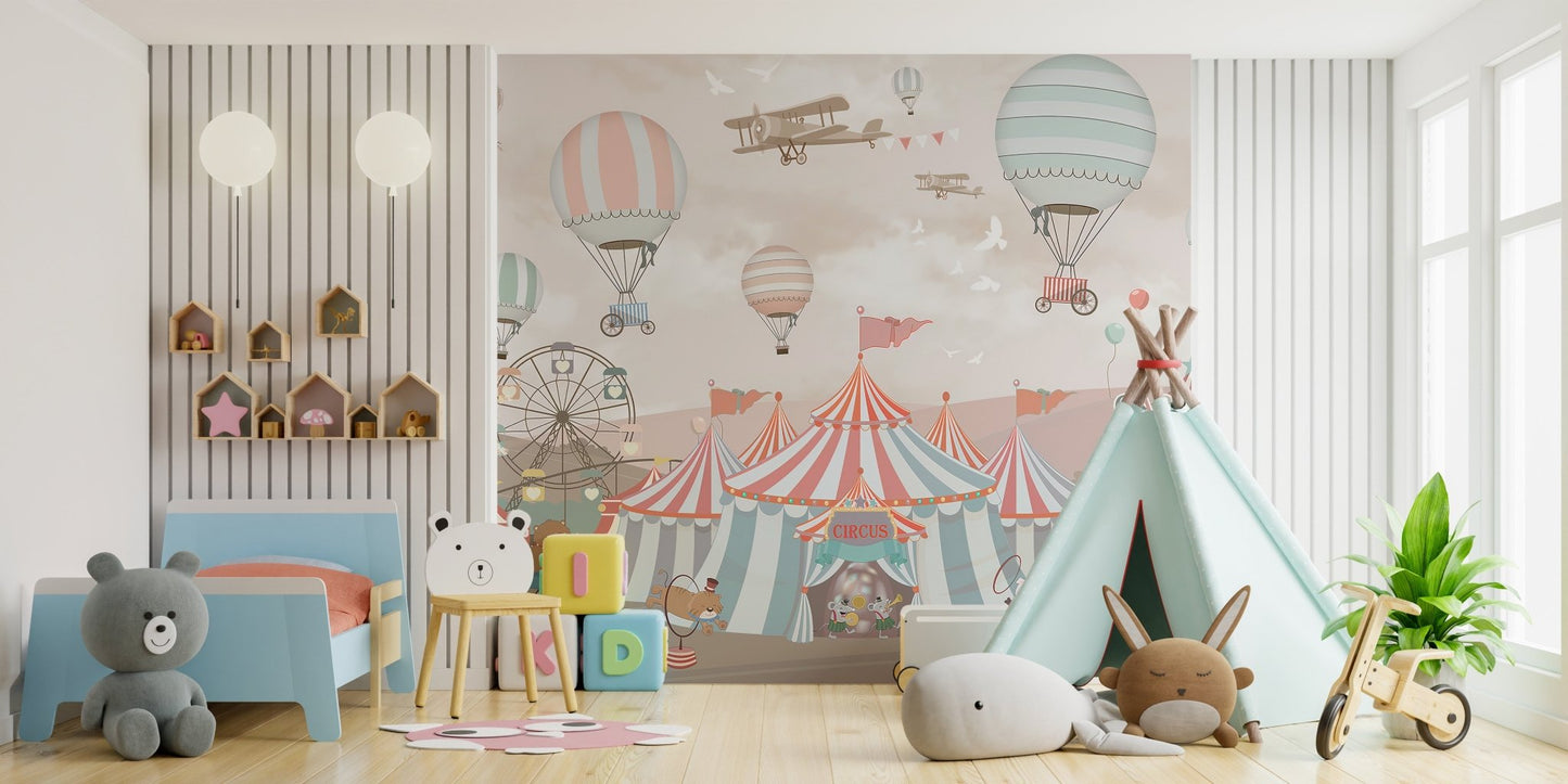 Sweet circus parade mural with vibrant details in children's bedroom.