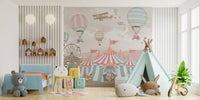 Sweet circus parade mural with vibrant details in children's bedroom.